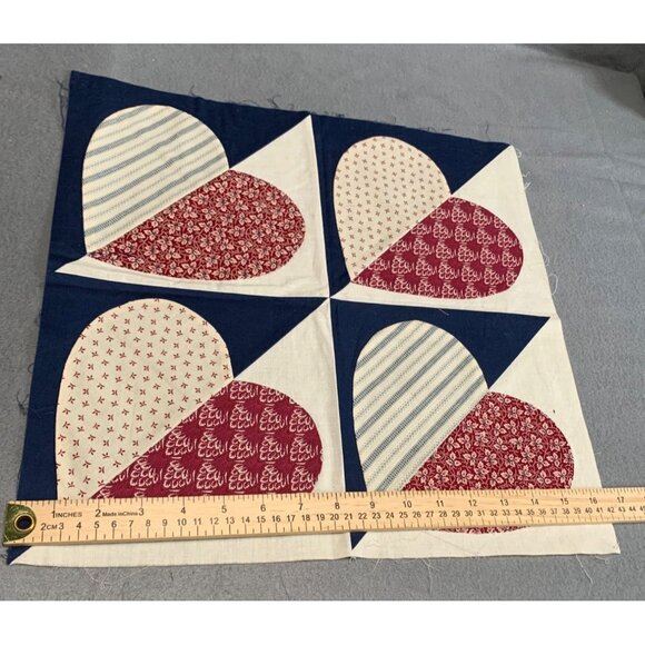 Vintage Handmade Quilt Top Block with Heart Pattern Red White & Blue 16.25” x 16 - Picture 4 of 6